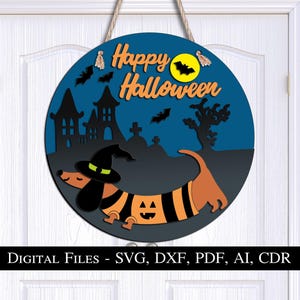 Dachshund Happy Halloween Door Hanger SVG Scary Bat Moon Dog Animal Glowforge Welcome Circle Laser Cut Wall Decor Home Art Decor Acorn