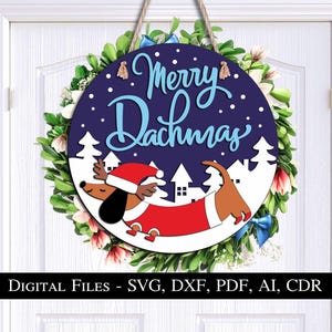 Merry Dachmas Dachshund Door Hanger SVG Christmas Snow Gift Winter Dog Animal Welcome Round Circle Laser Cut Wall Decor Home Art Decor Ice