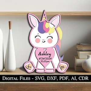 Unicorno neonato nascita annuncio cartello regalo presente SVG Laser ragazzo ragazza bambino bambino carino animale Download immediato Glowforge