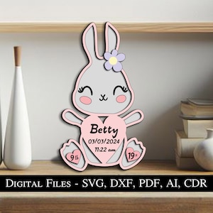 Coniglietto coniglio bambino annuncio bordo neonato nascita segno regalo presente SVG taglio laser ragazzo ragazza bambino bambino carino animale Download immediato Glowforge