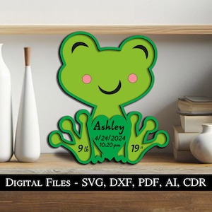 Rana bebé anuncio signo de nacimiento regalo recién nacido tablero presente SVG láser niño niña niño lindo animal descarga instantánea Glowforge niños pequeños