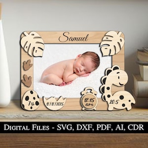 Cadre photo bébé nouveau-né Dino signe cadeau SVG Naissance au laser Incroyable garçon fille cadeau souvenir téléchargement immédiat Glowforge américain