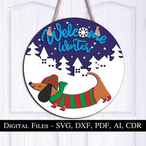 Dachshund Winter Door Hanger Dog Animal SVG Glowforge Welcome Circle Door Hanger Laser Cut Wall Decor SVG Home Art Decor Snow Ice Christmas