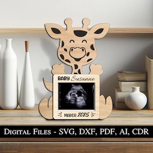 Jirafa Anuncio de Embarazo Sonograma Regalo Signo SVG Láser Bebé Nacimiento Junta Recién Nacido Niño Niña Niño Lindo Animal Descarga Instantánea Glowforge