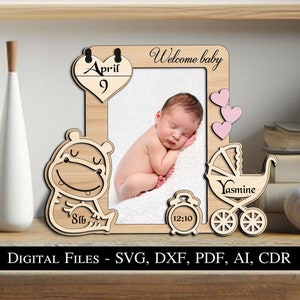 Marco de fotos para recién nacidos con forma de hipopótamo, tablero para cantar, regalo SVG, láser, regalo de nacimiento para niño y niña, recuerdo, descarga instantánea, Glowforge