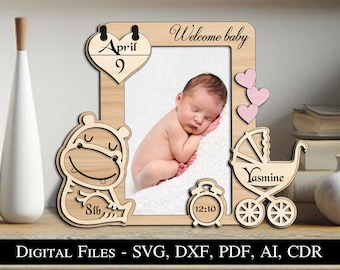 Hippo Newborn Baby Picture Photo Frame Sing Board Gift SVG Laser Birth Amazing Boy Girl Present Keepsake Instant Download Glowforge
