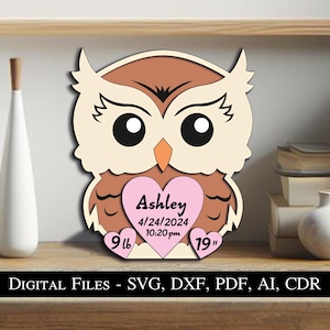 Búho recién nacido bebé nacimiento anuncio signo tablero regalo presente SVG láser niño niña niño lindo animal descarga instantánea Glowforge pájaro