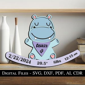 Letrero de anuncio de bebé hipopótamo, regalo para recién nacido, tablero de nacimiento SVG, láser, increíble tarjeta de corazón de animal para niño y niña, descarga instantánea, Glowforge, segunda edición