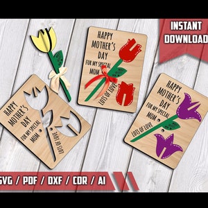 Alles Gute zum Muttertag Holzkarte, 3 Designs Von Karten, Für 1/6 4mm Material Stilvolle Mom Karte SVG Laserfertige Schnittdatei - INSTANT DOWNLOAD,