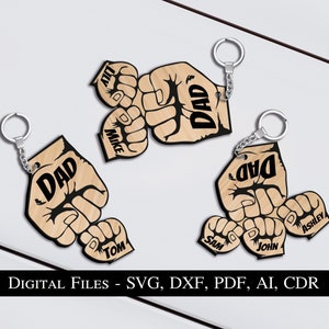 3 Vaderdag vuist stoten sleutelhanger sleutelhanger sterke familie cadeau voor papa opa cadeau gepersonaliseerd familiebord digitaal bestand Glowforge
