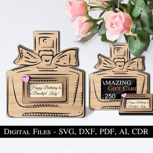 Vrouw dame luxe parfum cadeaukaart geld houder SVG lasergesneden Glowforge laser klaar gesneden bestand direct downloaden verjaardagscadeau voor dame