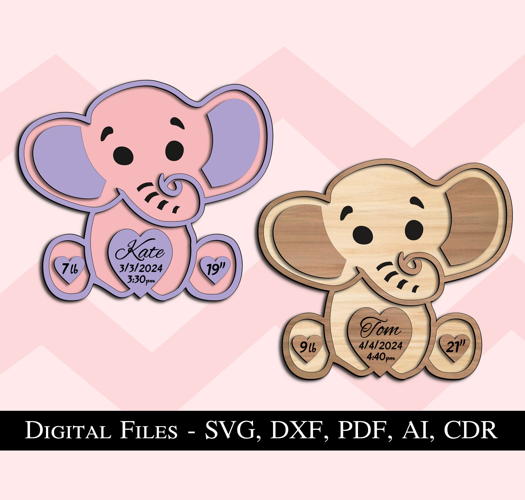 Elephant Birth Announcement Board SVG Laser Cut File Newborn Gift Baby ...