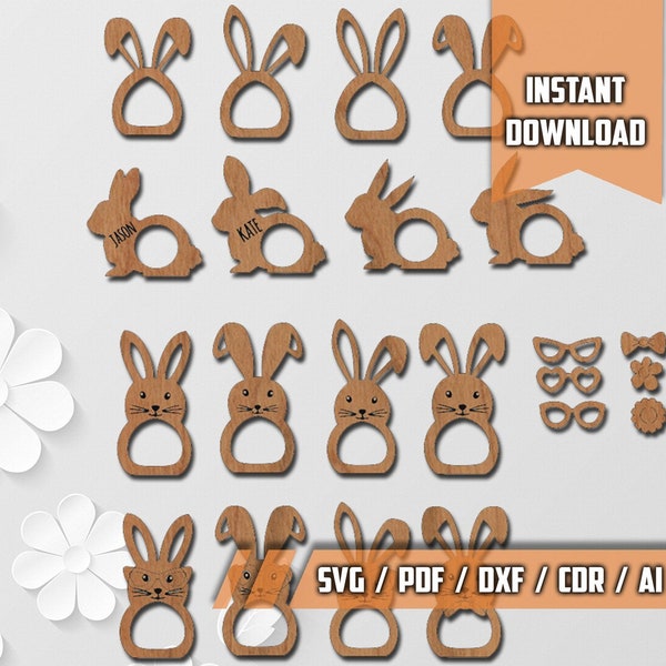 Easter Bunny Napkin Rings SVG Easter Napkins Ring Holders Rabbit Ear Shape Napkin Laser Cut Files  Glowforge  Lightburn