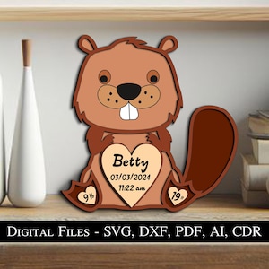 Beaver bebé nacimiento anuncio tablero recién nacido regalo SVG signo láser tablero niño niña niño niño lindo animal descarga instantánea Glowforge información de nacimiento