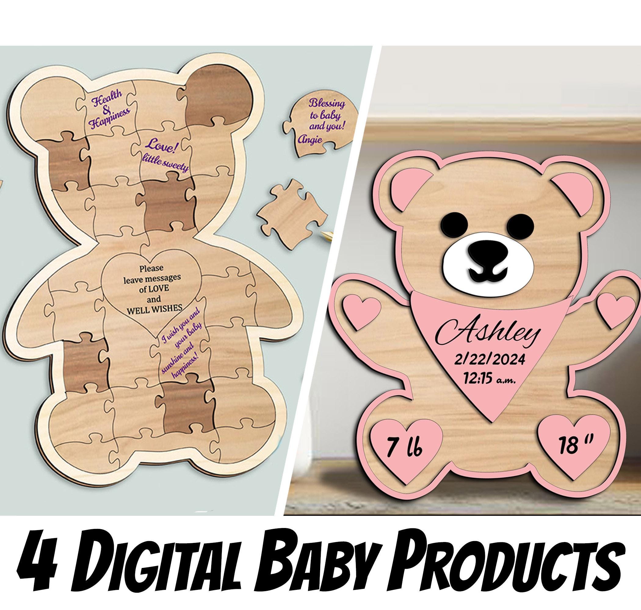 Set of 4 Newborn Bracelet Sign Baby Announcement Pregnancy Test Reveal to Husband Box Puzzle Bear Guest Book SVG Cute Board Birth Gift Laser