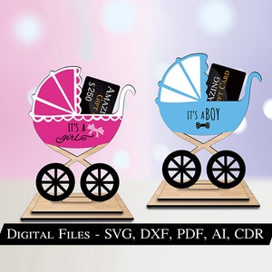 Unieke kinderwagen cadeaubon geld houder standaard pasgeboren cadeau kraamcadeau Glowforge beste laser SVG hart digitale download display
