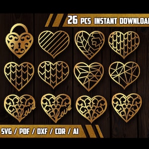 Heart Shape, Curved Elements Set of 26, Digital Laser Cut file LightBurn Glowforge svg ai svg dxf pdf, Valentine&#39;s Day Gift, Love Project