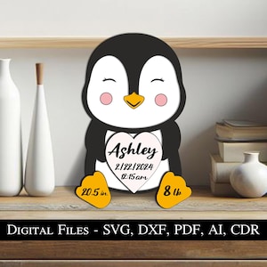 Pinguïn baby geboortekaartje SVG bord laserteken pasgeboren cadeau geweldige jongen meisje dierenhart Instant Download Glowforge Verenigde Staten