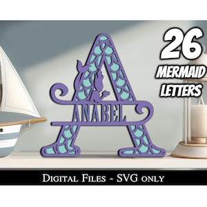 26 enfeites de letras temáticas de sereia com tema de oceano, alfabeto inglês SVG, presente, monograma, decoração para casa, quarto de criança