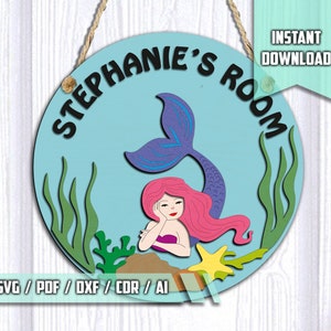 Personalised Mermaid Door Hanger Laser Cut Hanger Sign, Girls Bedroom Sign SVG Home Art Decor Glowforge Kids Room Door Decor  Name Sign