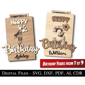 1 a 9 años Niños Cumpleaños Titular de dinero Regalo SVG Láser Glowforge Niño Niño Niña Regalo Mejor láser Descarga digital Multicapa