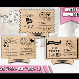 Über 45 Vorlagen Muttertags-Postkarten-Bundle-Set Steht SVG-Datei Muttertag Geschenk Präsentieren SVG-Datei Holz Sofort Download Glowforge