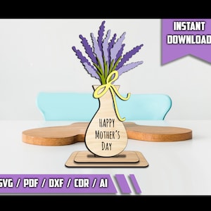 Vaso per la festa della mamma con bouquet di fiori regalo, file di taglio SVG pronto per il laser - DOWNLOAD IMMEDIATO, regalo Glowforge per la mamma, giorno speciale per la mamma