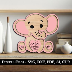 Letrero de anuncio de nacimiento de elefante, regalo para recién nacido, tablero de nacimiento SVG, láser, increíble, niño, niña, animal, corazón, descarga instantánea, Glowforge, Estados Unidos