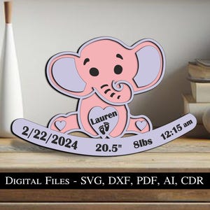 Elefante Baby Annuncio Tabellone Segno Neonato Regalo Nascita Regalo SVG Laser Incredibile Ragazzo Ragazza Animale Cuore Download Istantaneo Glowforge