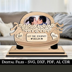 Cadre photo voiture de mariage cadeau Laser SVG Décoration d'intérieur Just Married Glowforge fichier prêt pour la découpe laser Téléchargement instantané Cadeau de mariage
