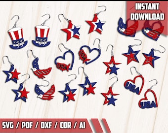 Patriotic Earrings SVG Bundle 4th of July Laser Cut File Set Of 10 Designs