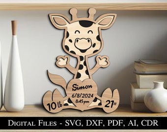 Giraffe Baby Birth Announcement Board Newborn Gift SVG Sign Laser Board Boy Girl Kid Child Cute Animal Instant Download Glowforge Birth Info