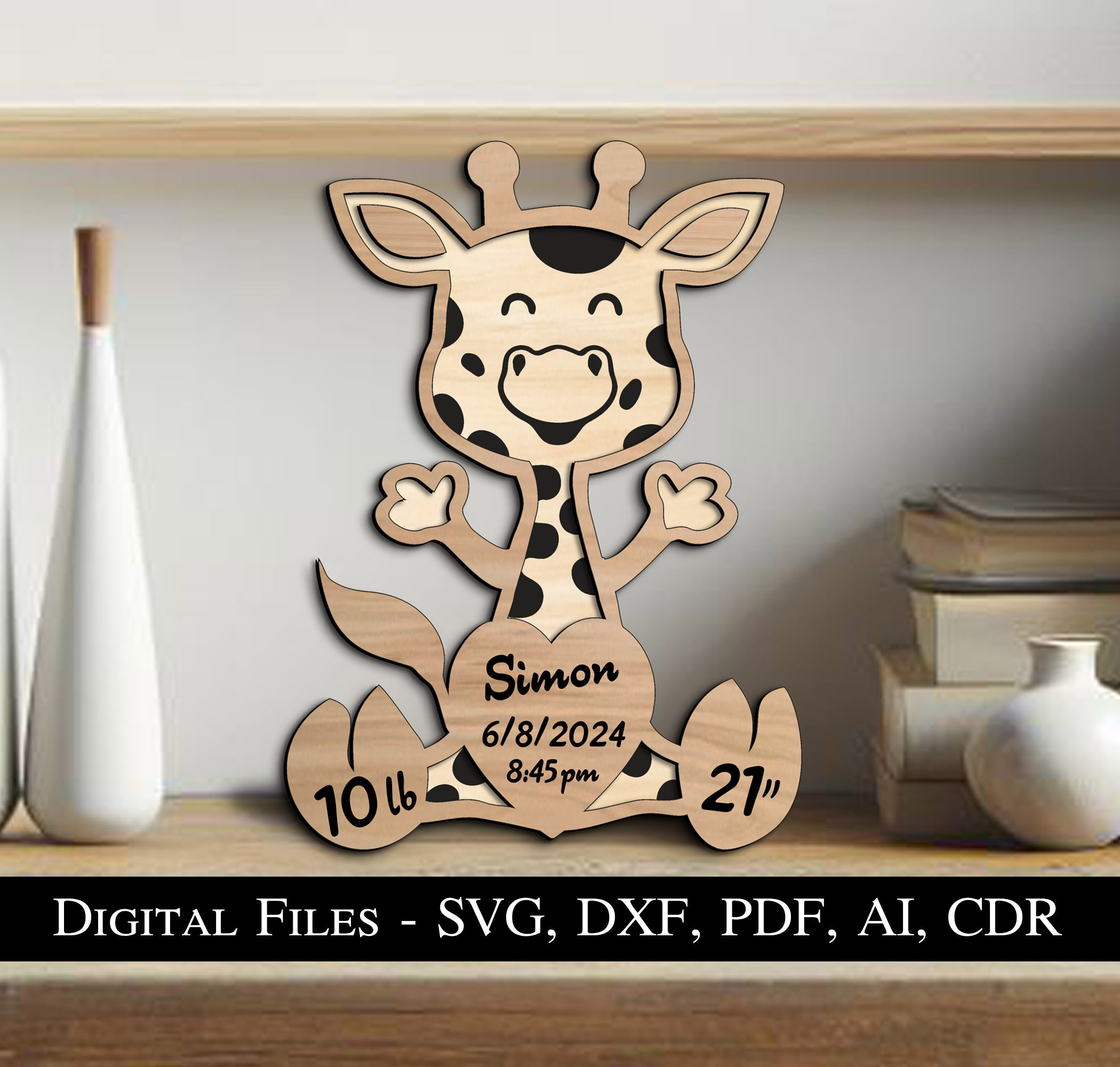 Giraffe Baby Birth Announcement Board Newborn Gift SVG Sign Laser Board Boy Girl Kid Child Cute Animal Instant Download Glowforge Birth Info