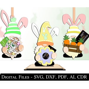 Lot de 3 Pâques Gnome cadeau carte porte-monnaie ornement support Glowforge printemps tag meilleur fichier de coupe laser SVG téléchargement numérique affichage suspendu