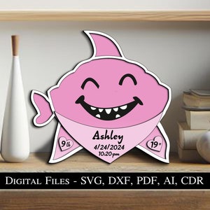 Tiburón Sharky recién nacido bebé nacimiento anuncio signo tablero regalo presente SVG láser niño niña niño lindo animal descarga instantánea Glowforge