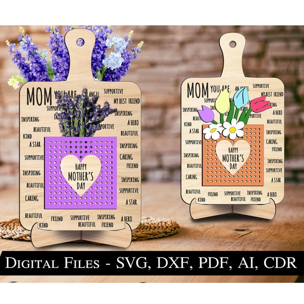 Mother's Day Flowers Kitchen Cutting Board Present Grandmother Gift Mom Mam Glowforge Laser Home Decoration Best Laser SVG Lavender Lilac