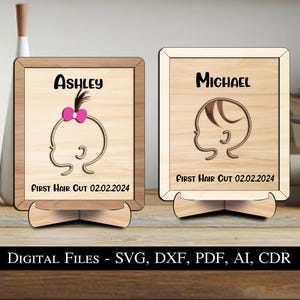 Letrero con marco para cortar el primer pelo de un bebé, con láser, SVG, recuerdo, nacimiento de un niño, regalo increíble para un niño o una niña, descarga instantánea, Glowforge American
