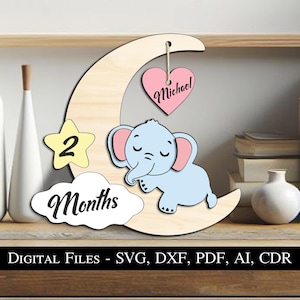 Verwisselbare olifant baby mijlpalen pasgeboren SVG lasercadeau dagen weken maanden jaar bord bord geweldig schattig Instant Download