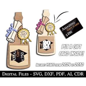Tarjeta de regalo de graduación con forma de botella de champán, soporte para dinero, SVG, regalo de Glowforge, escuela, academia, universidad, archivo listo para cortar con láser, descarga instantánea