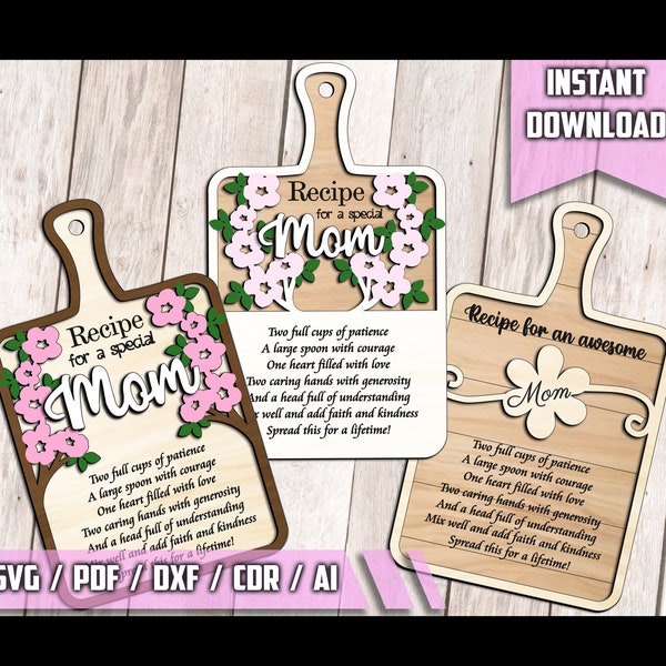 Muttertagsgeschenk Rezept Schneidebrett Dekor 6 Designs Von Rahmen SVG Sofortiger Download Glowforge Rezept für die beste Mutter Mum Mommy
