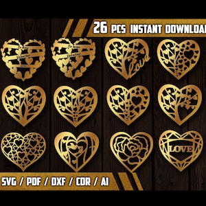Heart Shape, Curved Elements Set of 26, Digital Laser Cut file LightBurn Glowforge svg ai svg dxf pdf, Valentine&#39;s Day Gift, Love Project