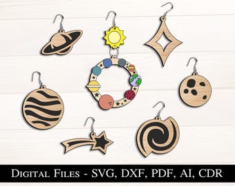 Set Of 9 Designs Earrings Space Laser Cut SVG Bundle Planets, Stars Cosmic Space
