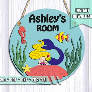 Personalised Mermaid Door Hanger Laser Cut Hanger Sign, Girls Bedroom Sign SVG Home Art Decor Glowforge Kids Room Door Decor  Name Sign