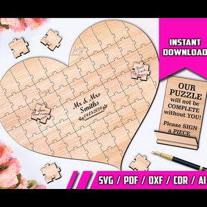Puzzel hart bruiloft-gastenboek, SVG laserklaar gesneden bestand - INSTANT DOWNLOAD, set van 5, Glowforge klaar hart puzzelstukje connector