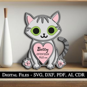 猫 子猫 赤ちゃん 誕生 お知らせ ボード 新生児 ギフト SVG サイン レーザー ボード 男の子 女の子 子供 かわいい 動物 即時ダウンロード Glowforge 情報