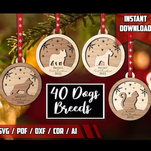 Conjunto de enfeites de natal para cães, primeiro conjunto de 40 raças de cães SVG, decoração para casa, ornamento Glowforge, arquivo cortado a laser SVG, presente para animais de estimação, cães e gatos