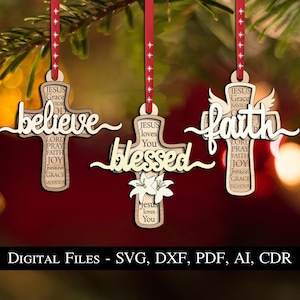 3 Faith Believe Blessed Christ Holy Cross Christmas Ornament Sacred Angel Wing Peace SVG Laser Bestseller Home Décor House Decoration