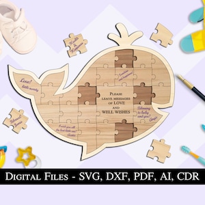 Unieke walvis babyshower puzzel gastenboek pasgeboren feestcadeau SVG Glowforge aanwezig beste laser digitale download display moeder peuters