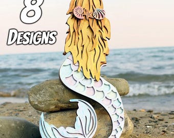 Sirènes et créatures de la mer 3D, couches découpées au laser, SVG, lot de 8 motifs nautiques