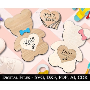 Photos d'étapes mensuelles interchangeables pour bébé Incroyable ours mignon coeur bébé carte jalon fichier SVG en bois Téléchargement instantané Glowforge